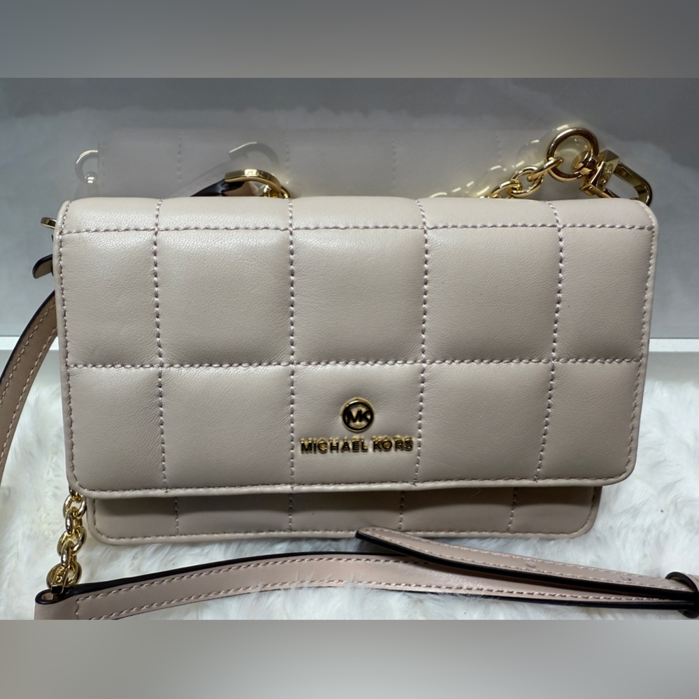 Michael Kors Quilted Leather Crossbody in Light Beige with Gold Hardware